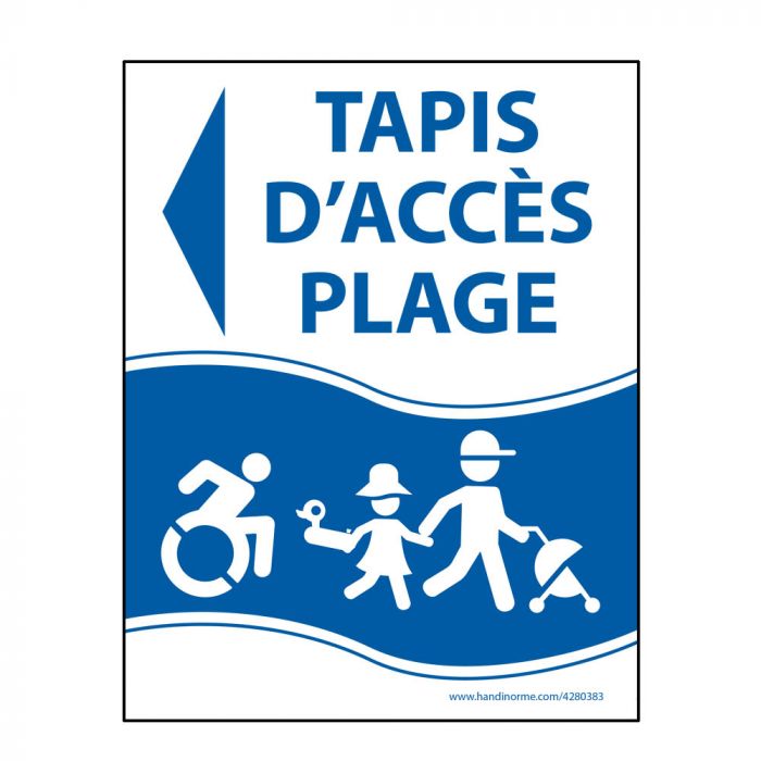 Panneau "Tapis d'accès plage" bleu - PVC - flèche gauche - 3 dimensions