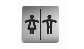 Plaque de porte - Toilettes Mixtes Homme/Femme - 150x150mm - Acier Brossé