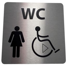 Picto de porte en aluminium brossé WC Femme / PMR avec sens de transfert - 15 x 15 cm