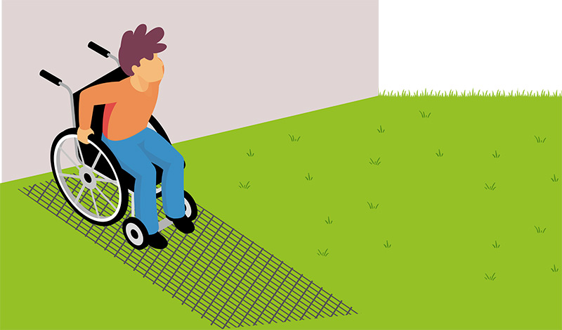 illustration fauteuil roulant sur une grille antidérapante au dessus du gazon